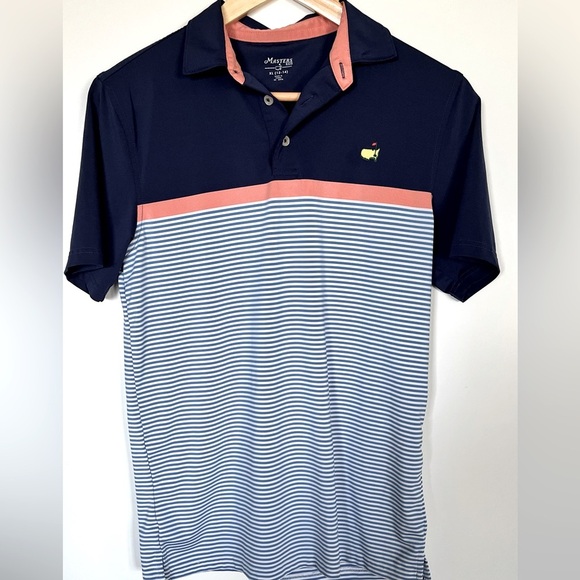 Masters Tournament Kids XL (12–14) Golf Polo Shirt Navy Blue Coral Stripe - Picture 1 of 5
